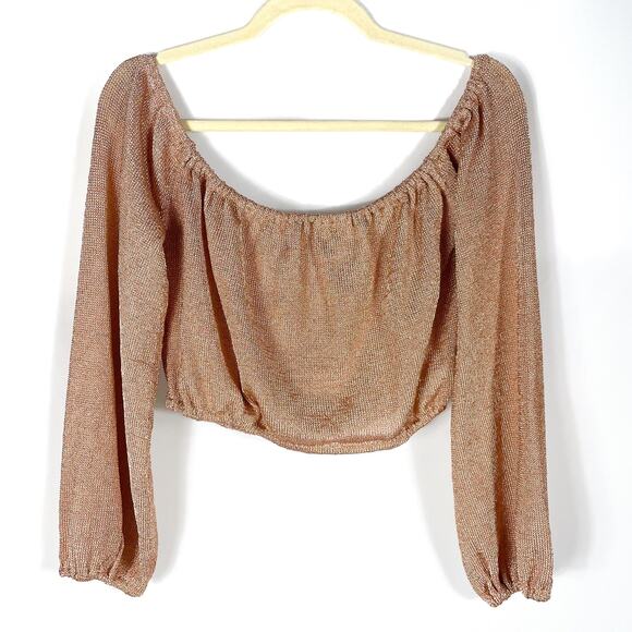Lovers & Friends Nayelli Crop Top Gold Knit Off the Shoulder Long Sleeve Sz M - Picture 11 of 11